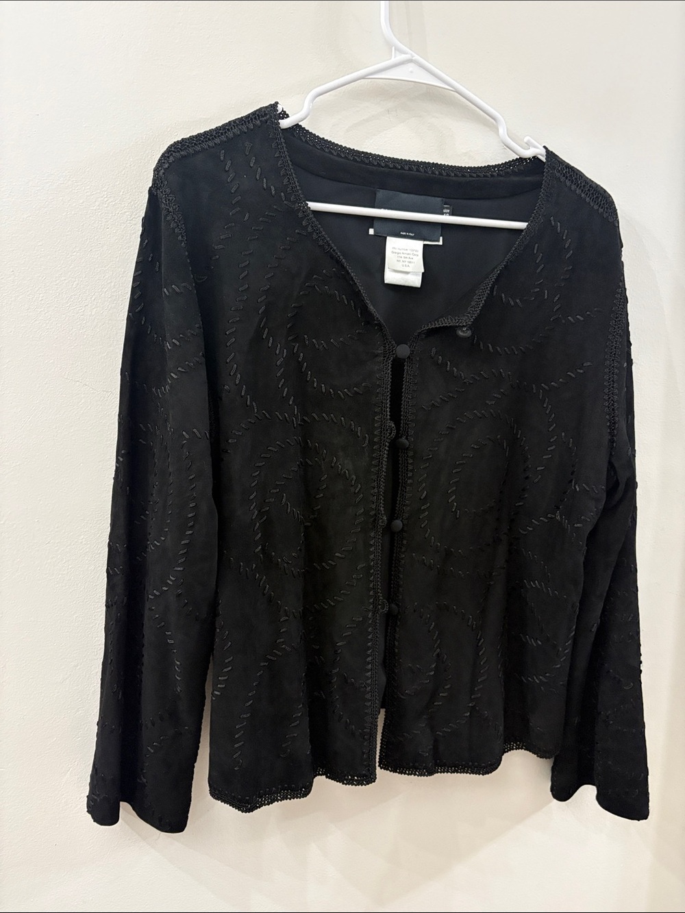 Giorgio Armani Black Embroidered Button-Front suede jacket - size 48 (XL)